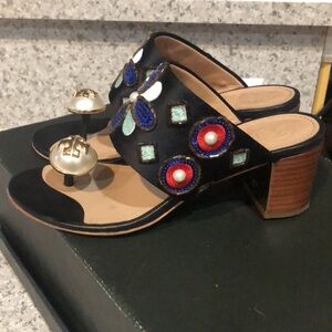Tory Burch Estella Satin Bejeweled Pearl Block Sandal Sz 5